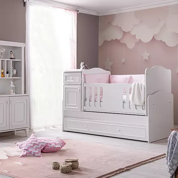 Pierre Cardin Aspendos Baby's Bed Convertible To Kid's Bed With Studying Desk - With Mattress - White product thumbnail 4