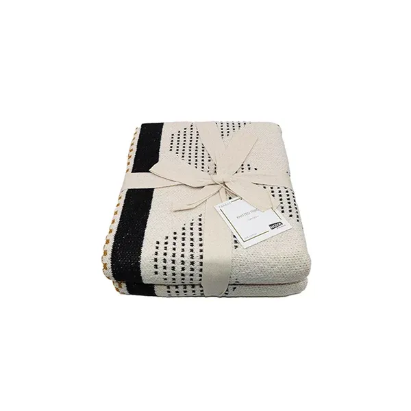 Nova Home Diamond Hand Knitted Throw With Tassels - 100% Cotton - 130x160 cm - Mustard & Black product thumbnail 5