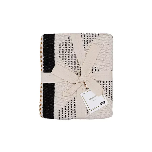 Nova Home Diamond Hand Knitted Throw With Tassels - 100% Cotton - 130x160 cm - Mustard & Black product thumbnail 6