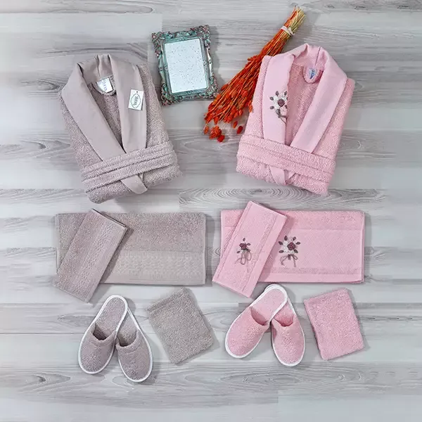 Weva Fancy Family Bathrobe Set - 100% Turkish Cotton - 12 Pcs - Pink & Taupe product thumbnail 4
