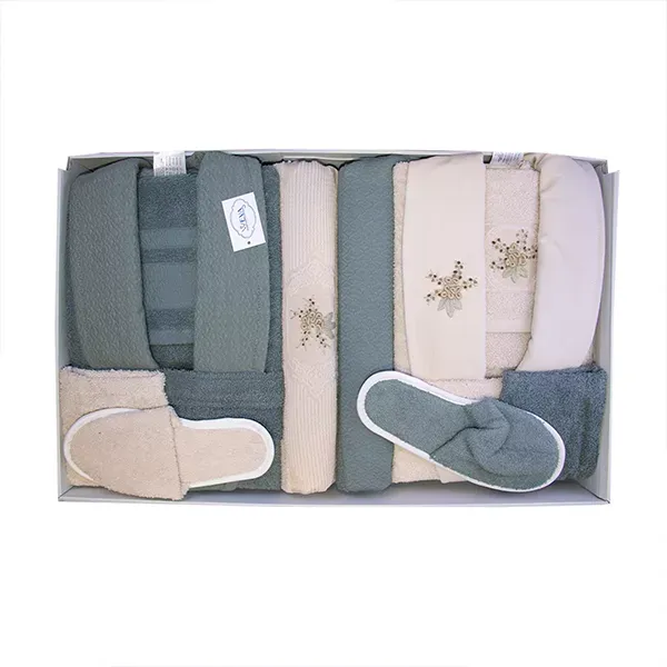 Weva Gladiouls Family Bathrobe Set - 100% Turkish Cotton - 12 Pcs - Beige & Petrol product thumbnail 2