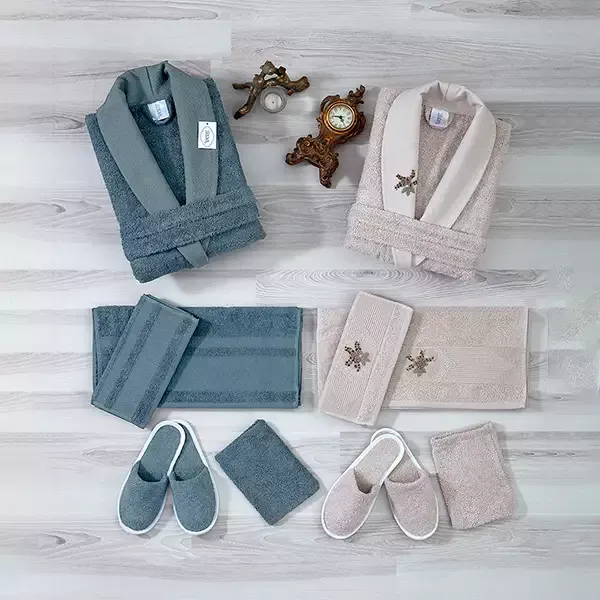 Weva Gladiouls Family Bathrobe Set - 100% Turkish Cotton - 12 Pcs - Beige & Petrol product thumbnail 4