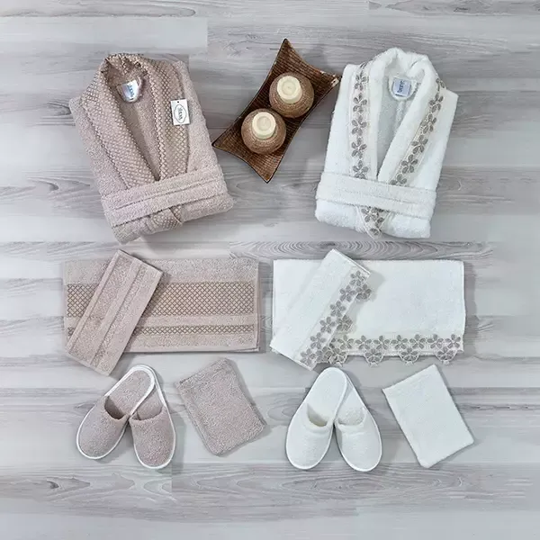 Weva Jasmine Family Bathrobe Set - 100% Turkish Cotton - 12 Pcs - Cream & Beige product thumbnail 4