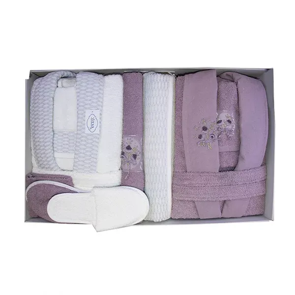 Weva Lantana Family Bathrobe Set - 100% Turkish Cotton - 12 Pcs - White & Purple product thumbnail 4
