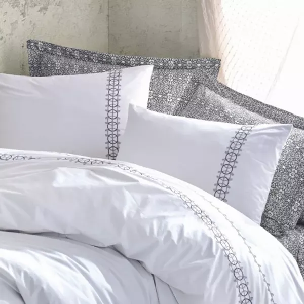 Nova Home Paola Embroidered Duvet Cover Set - 100% Cotton - King & Super King - 6 Pcs - Grey product thumbnail 4