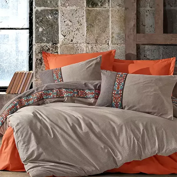 Nova Home True Embroidery Trim Duvet Cover Set - 100% Cotton - King & Super King - 4 Pcs - Grey & Orange product thumbnail 4