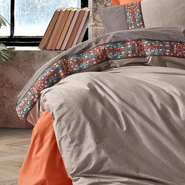 Nova Home True Embroidery Trim Duvet Cover Set - 100% Cotton - King & Super King - 4 Pcs - Grey & Orange product thumbnail 3