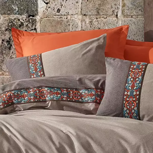 Nova Home True Embroidery Trim Duvet Cover Set - 100% Cotton - King & Super King - 4 Pcs - Grey & Orange product thumbnail 2