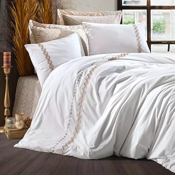 Nova Home Ines Embroidered Duvet Cover Set - 100% Cotton - King & Super King - 6 Pcs - Beige