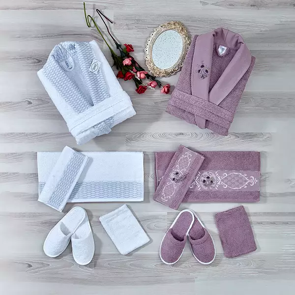 Weva Lantana Family Bathrobe Set - 100% Turkish Cotton - 12 Pcs - White & Purple