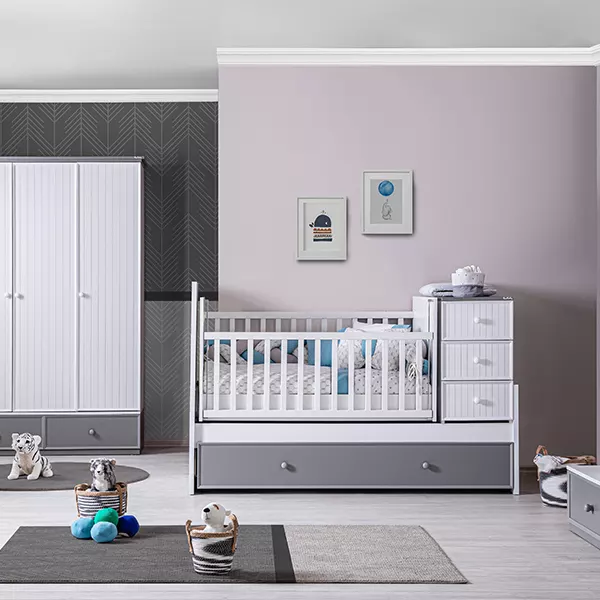 Pierre Cardin Neo Baby's Bed Convertible To Kid's Bed With Studying Desk - With Mattress - White