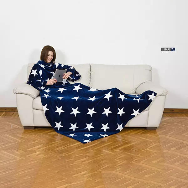 Kanguru Deluxe Stars Flannel Blanket With Sleeves - 140x210 cm - Dark Blue